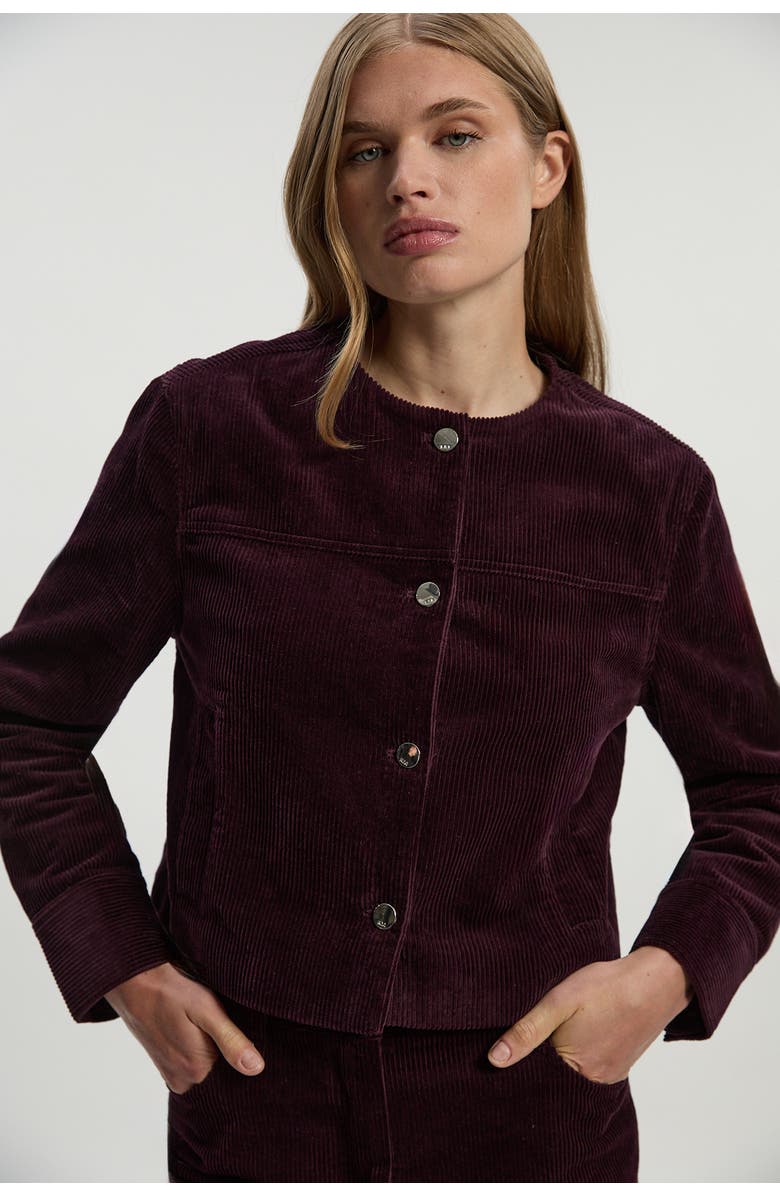 Karen Millen Cord Collarless Tailored Jacket, Main, color, Berry
