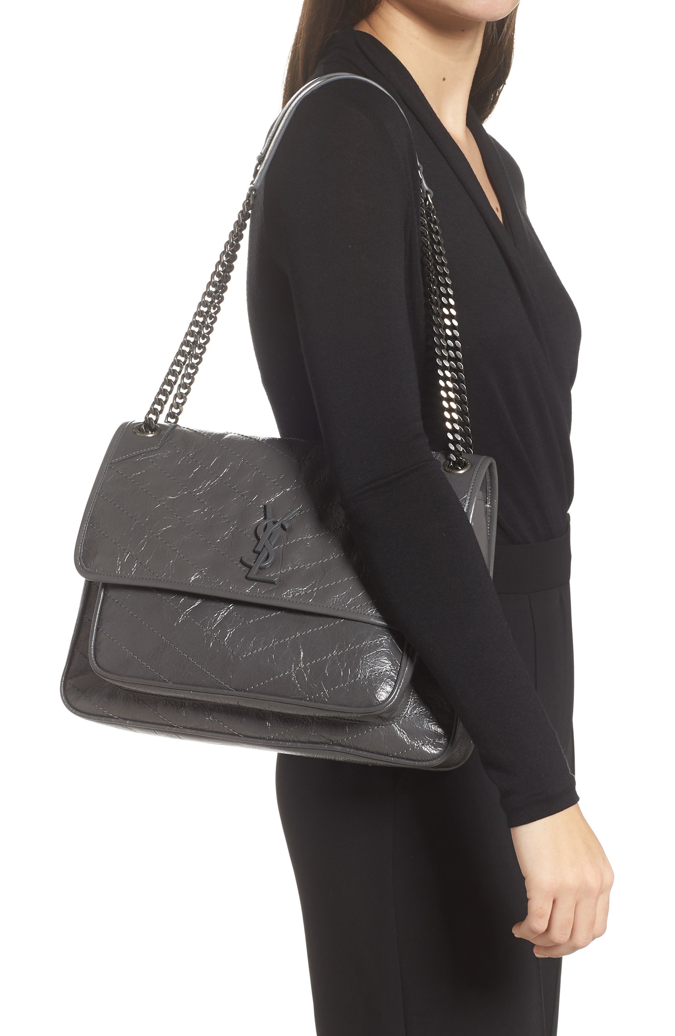 Large Niki Crinkled Matelassé Leather Shoulder Bag, Alternate, color, STORM