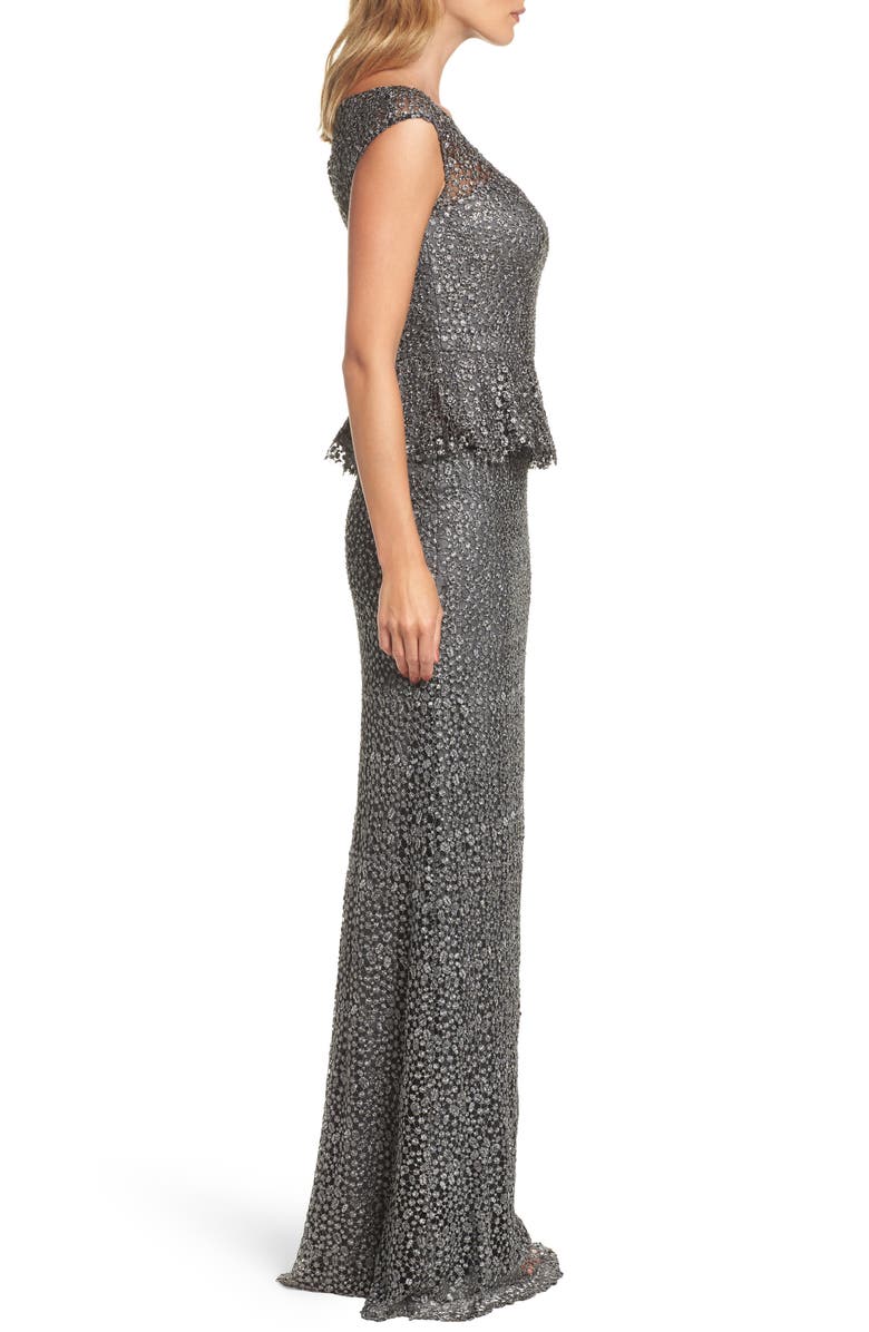 La Femme Embellished Lace Peplum Gown, Alternate, color, 