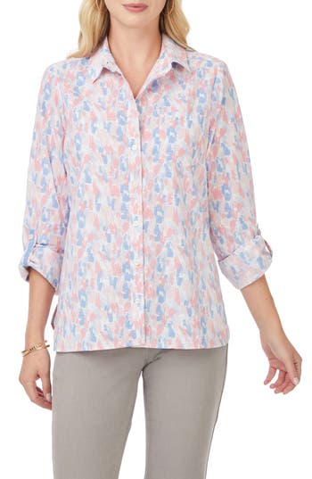 Foxcroft Cole Print Wrinkle-resistant Button-up Shirt In Blue Multi