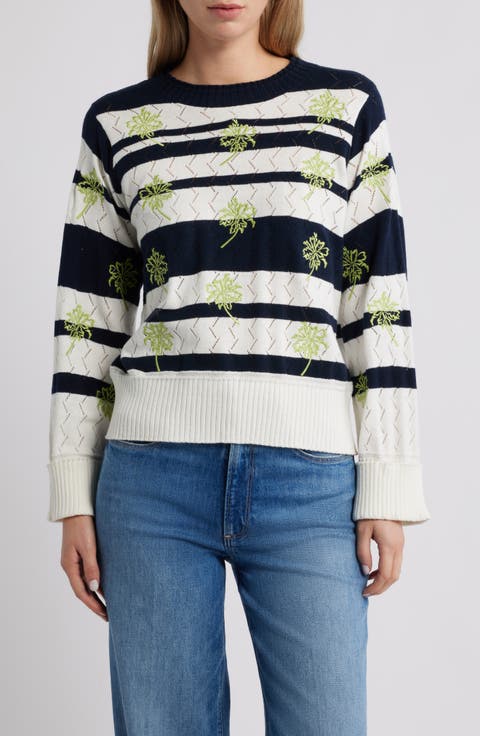 Embroidered Stripe Pointelle Sweater