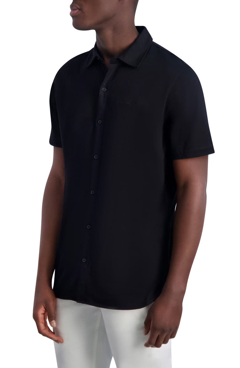 KARL LAGERFELD PARIS Short Sleeve Knit Button-Up Shirt, Alternate, color, Black