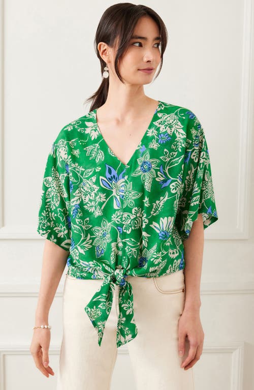 Karen Kane Floral Flutter Sleeve Tie Front Top In Green