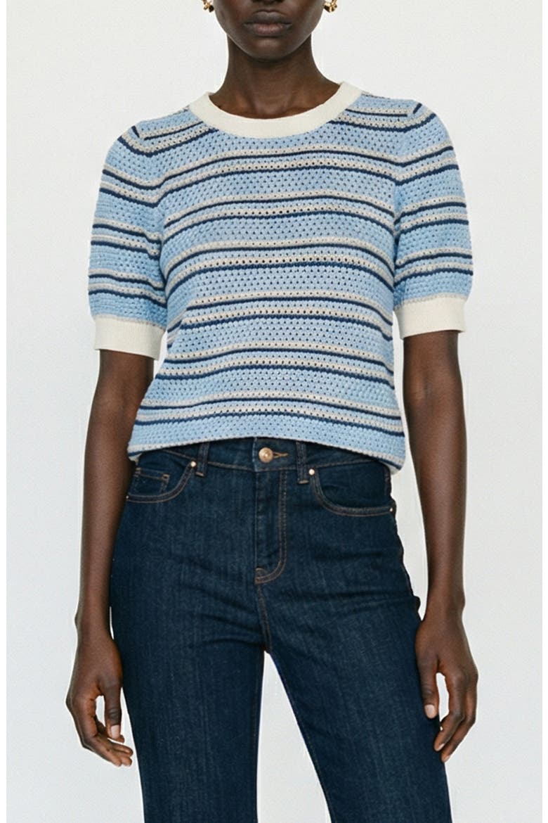 Rita Stripe Short Sleeve Cotton Sweater, Main, color, BIRCH STRIPES BRUNNE