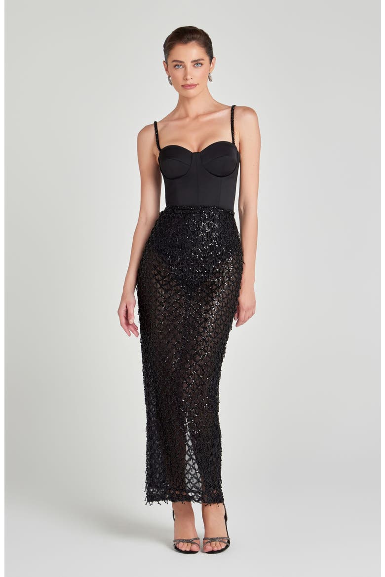 Valentina Mixed Media Beaded Bustier Gown, Alternate, color, BLACK