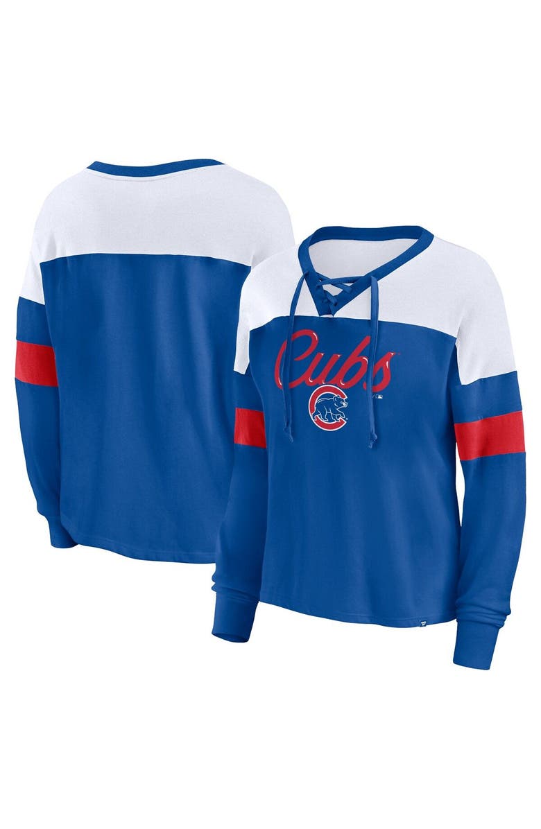 FANATICS Women's Fanatics Branded Royal/White Chicago Cubs Even Match Lace-Up Long Sleeve V-Neck T-Shirt, Main, color, Royal