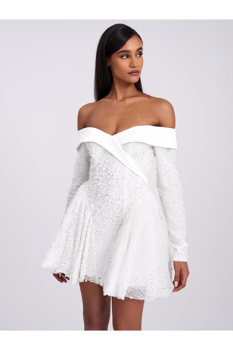 Kira Bead Embroidered Mesh Off Shoulder Long Sleeve Mini Dress, Main, color, White