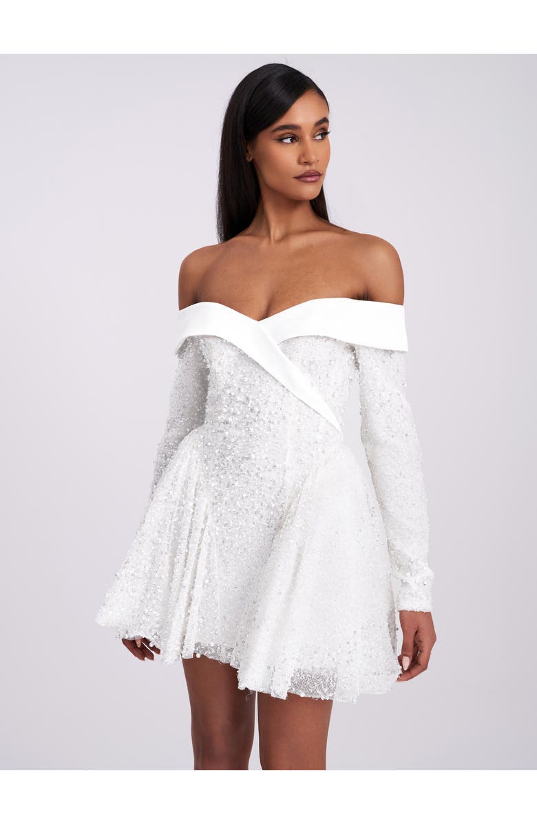 Miss Circle Kira Bead Embroidered Mesh Off Shoulder Long Sleeve Mini Dress, Main, color, White
