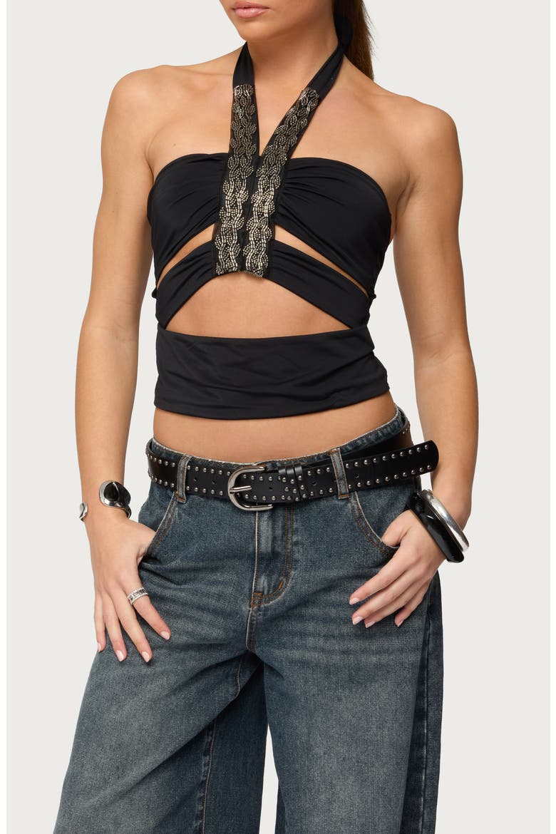 Zola Cutout Beaded Halter Top, Main, color, BLACK