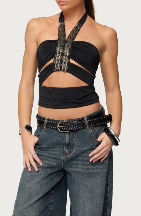 Zola Cutout Beaded Halter Top
