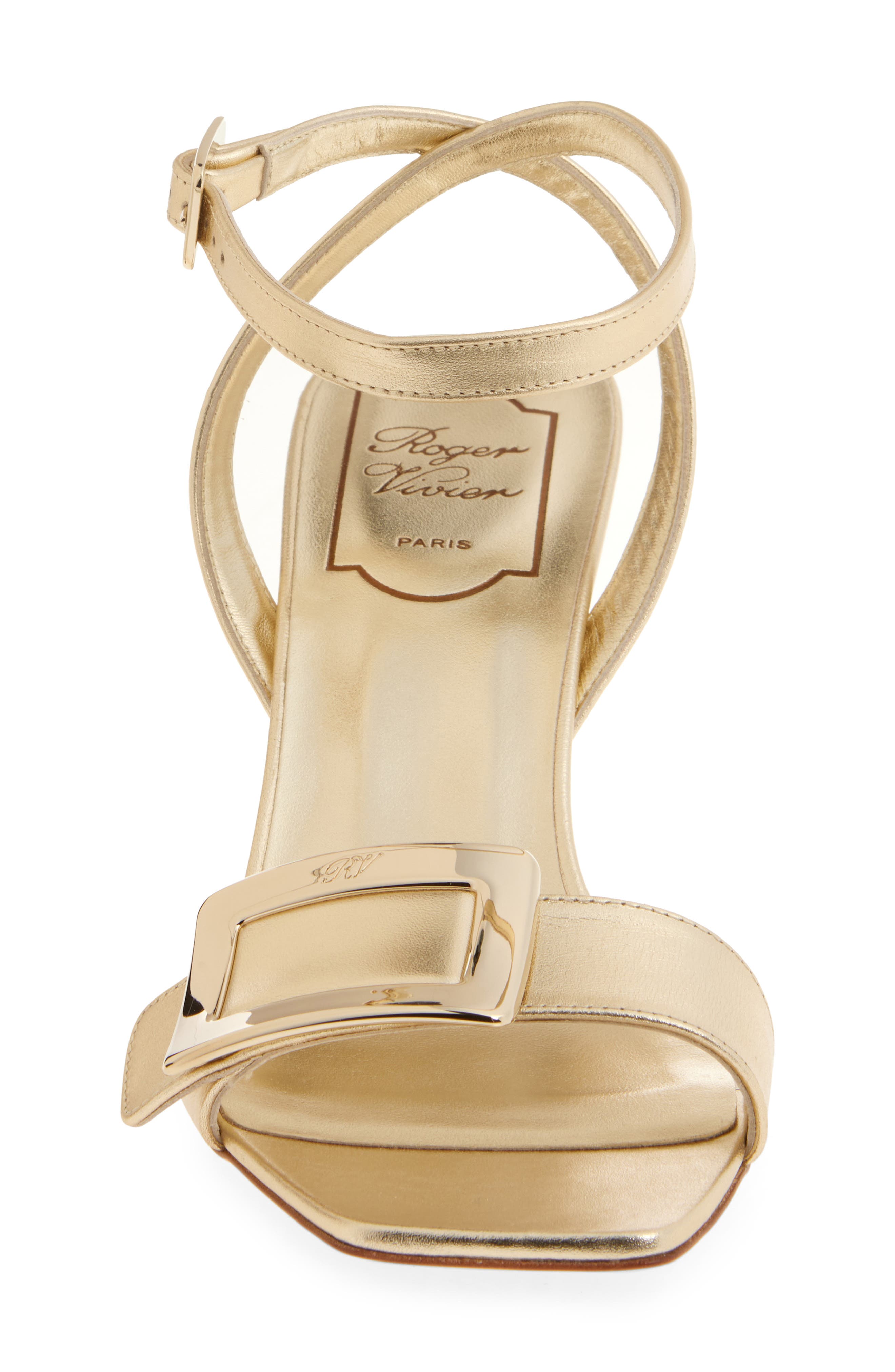 Roger Vivier Belle Vivier Metallic Ankle Strap Wedge Sandal, Alternate, color, Gold