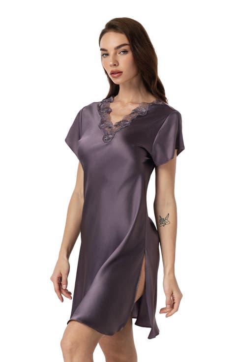 Silk Lace Neckline Split Hem Nightgown