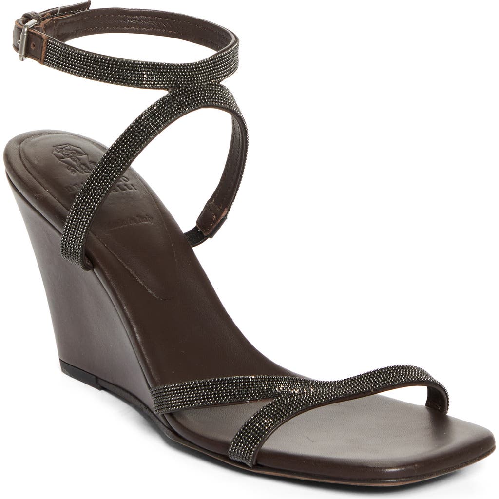 Brunello Cucinelli Bead-embellished Leather Wedge Sandals In Testa Moro
