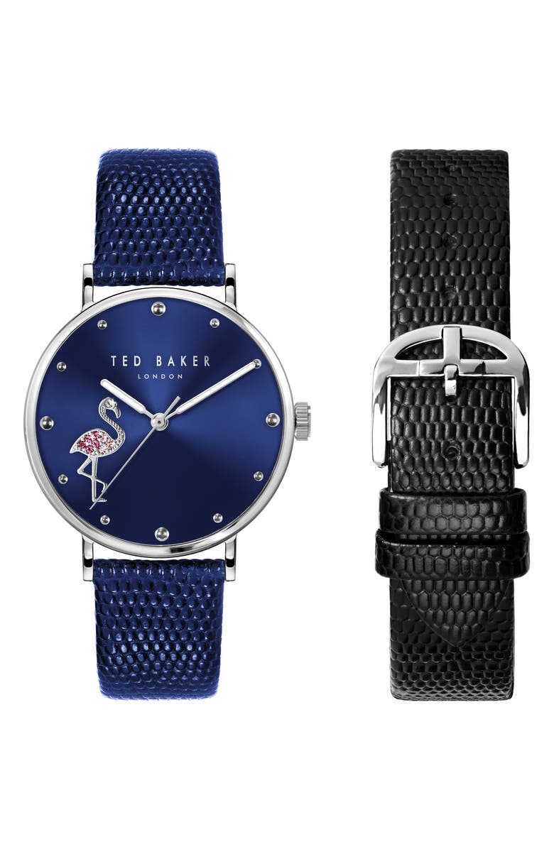 Ted Baker London Phylipa Flamingo Embossed Snakeskin Leather Strap Watch & Leather Strap Gift Set, 37mm, Main, color,
