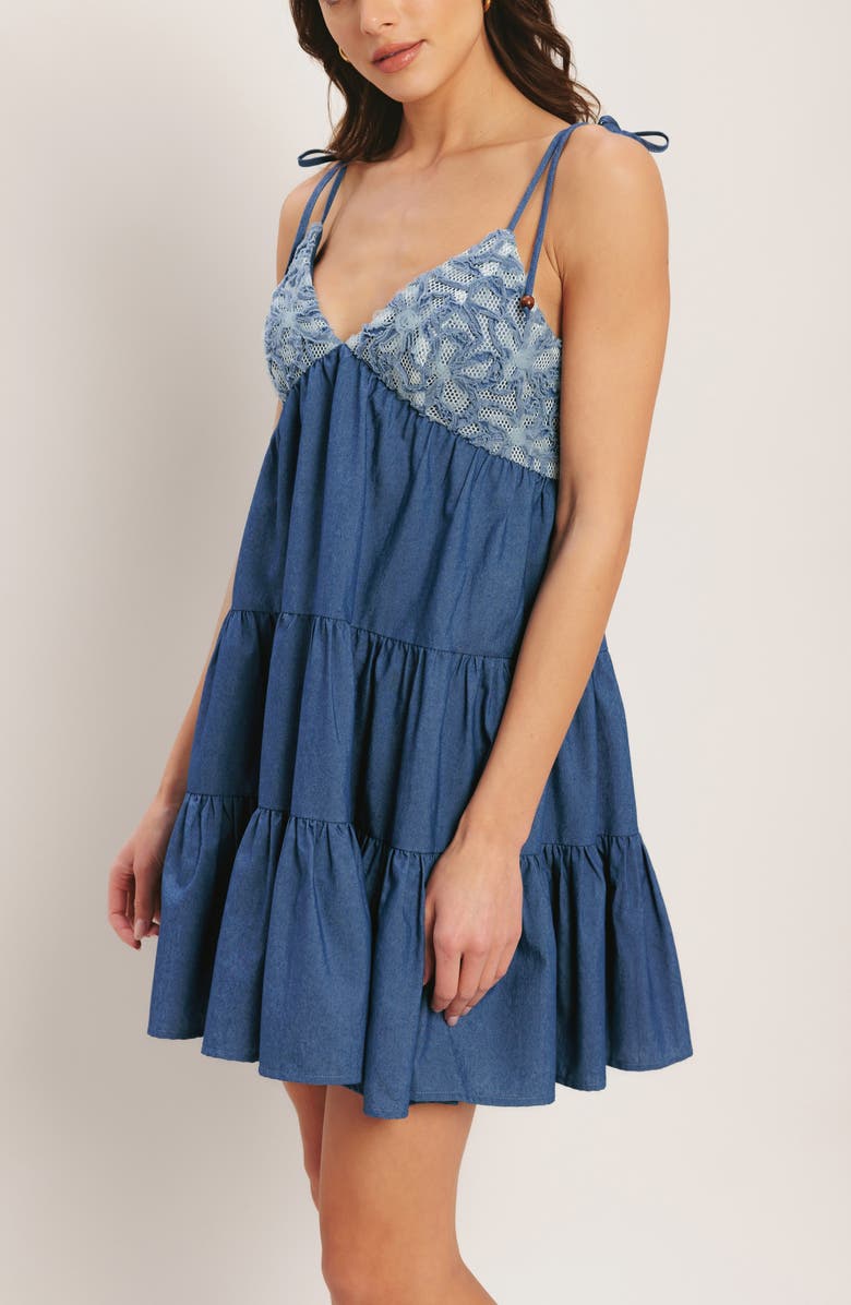 FLYING TOMATO Tie Strap Tiered Denim Dress, Alternate, color, Blue