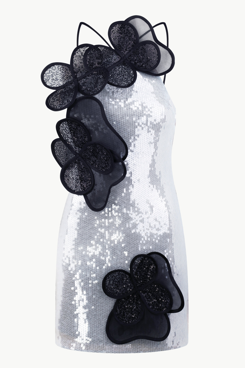 Sequin Mini Dress With Layered Floral Appliques, Main, color, Light Blue