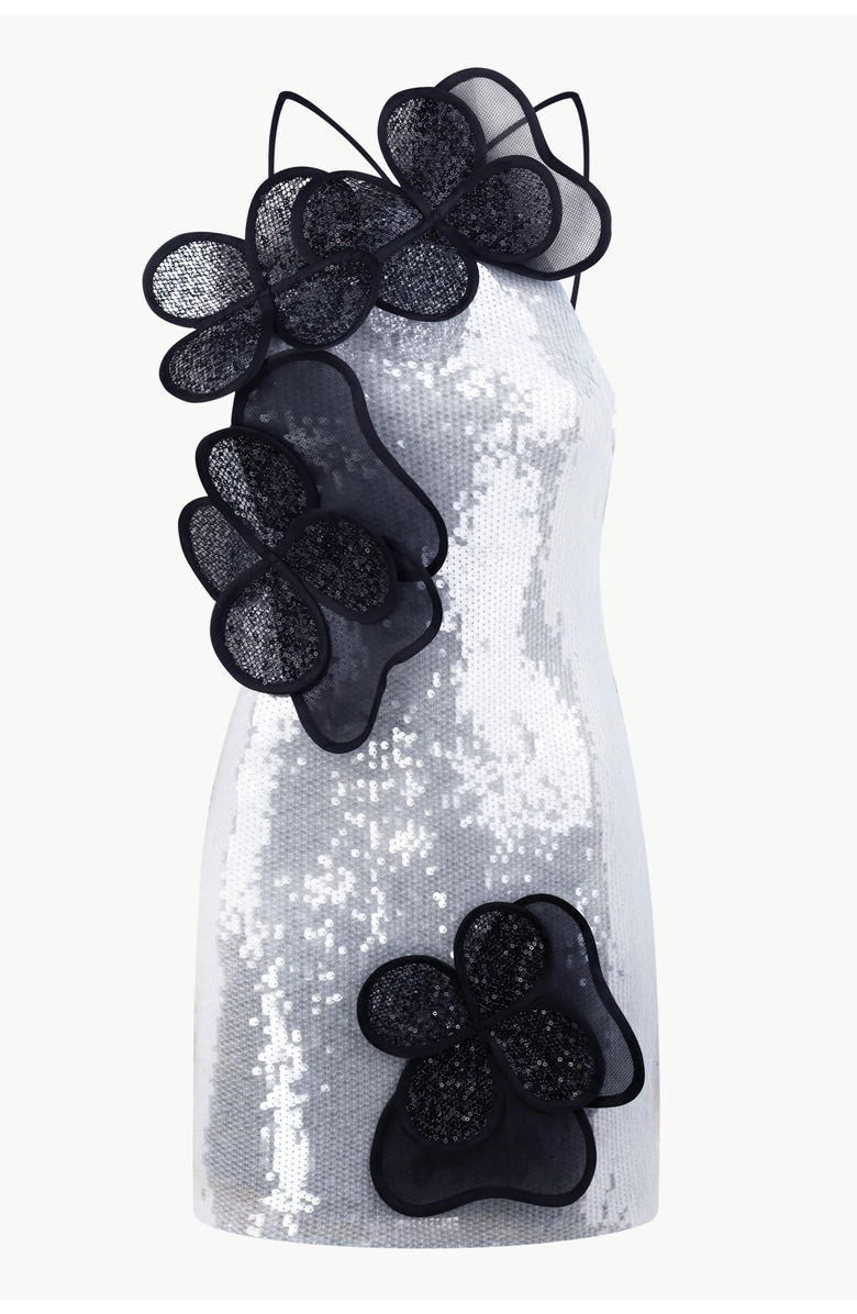 Malva Florea Sequin Mini Dress With Layered Floral Appliqus, Main, color, Light Blue