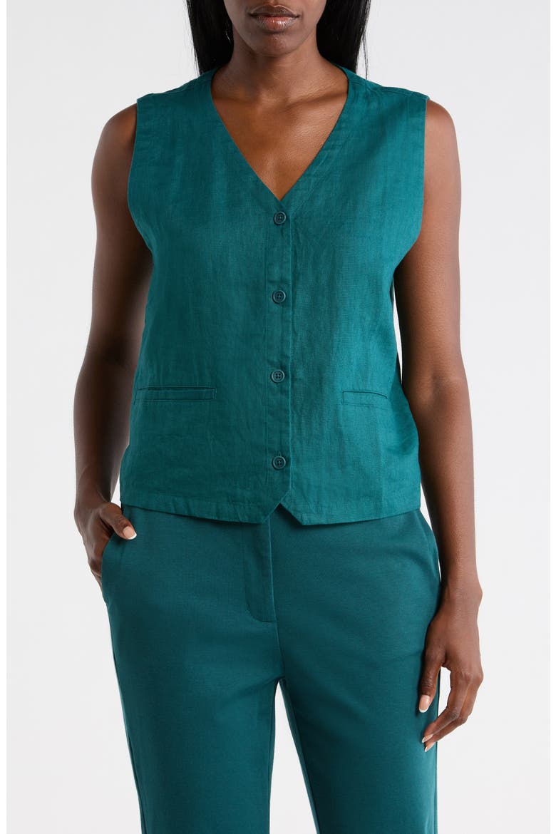 V-Neck Organic Linen Vest, Main, color, AEGEAN
