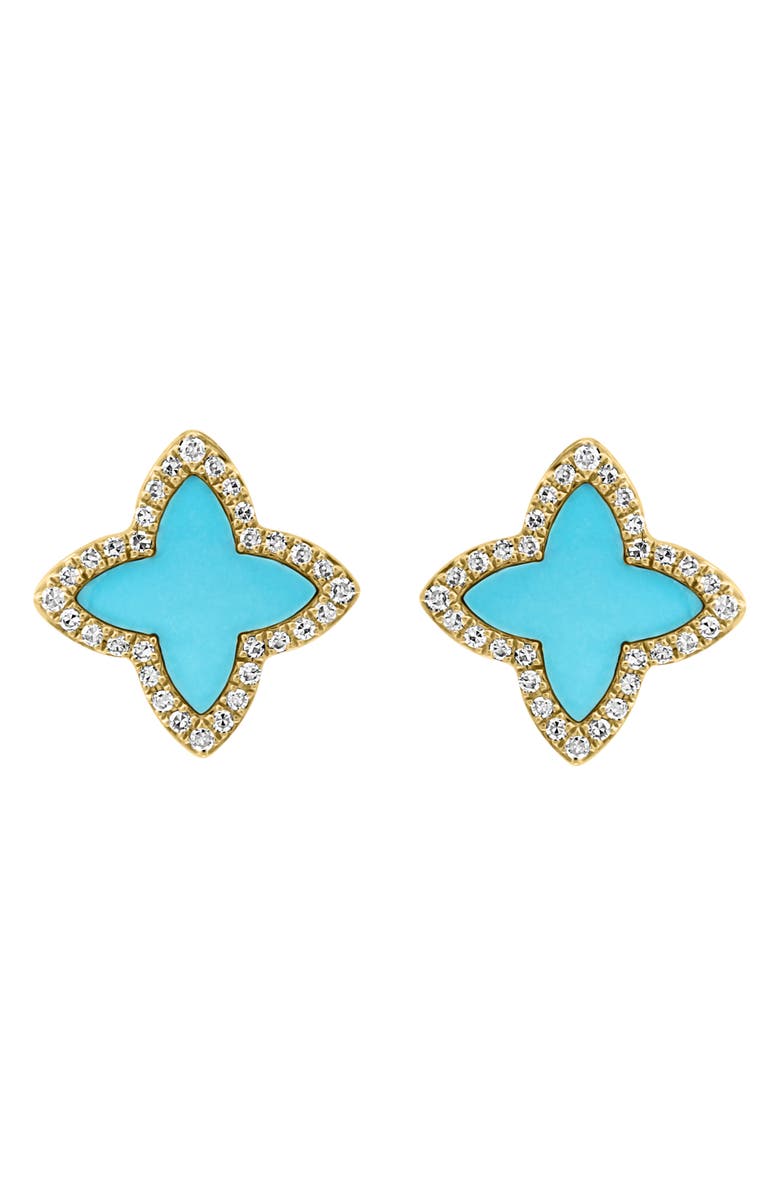 EFFY 14K Yellow Gold Turquoise & Diamond Clover Stud Earrings, Alternate, color, Blue