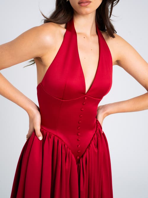 Miss Circle Cara Plunging Halter Backless Maxi Dress In Burgundy