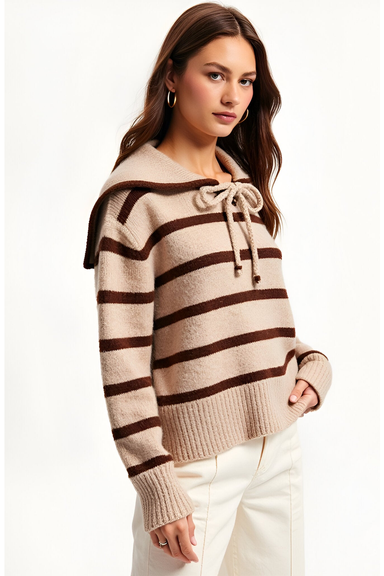 Striped Crewneck Sweater with Sailor Collar and Front Tie Detail, Alternate, color, Beige / Brown Stripes
