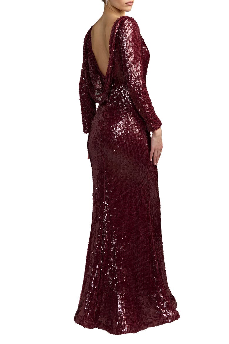 High Neck Long Sleeve Cowl Back Sequin Gown, Alternate, color, Ruby