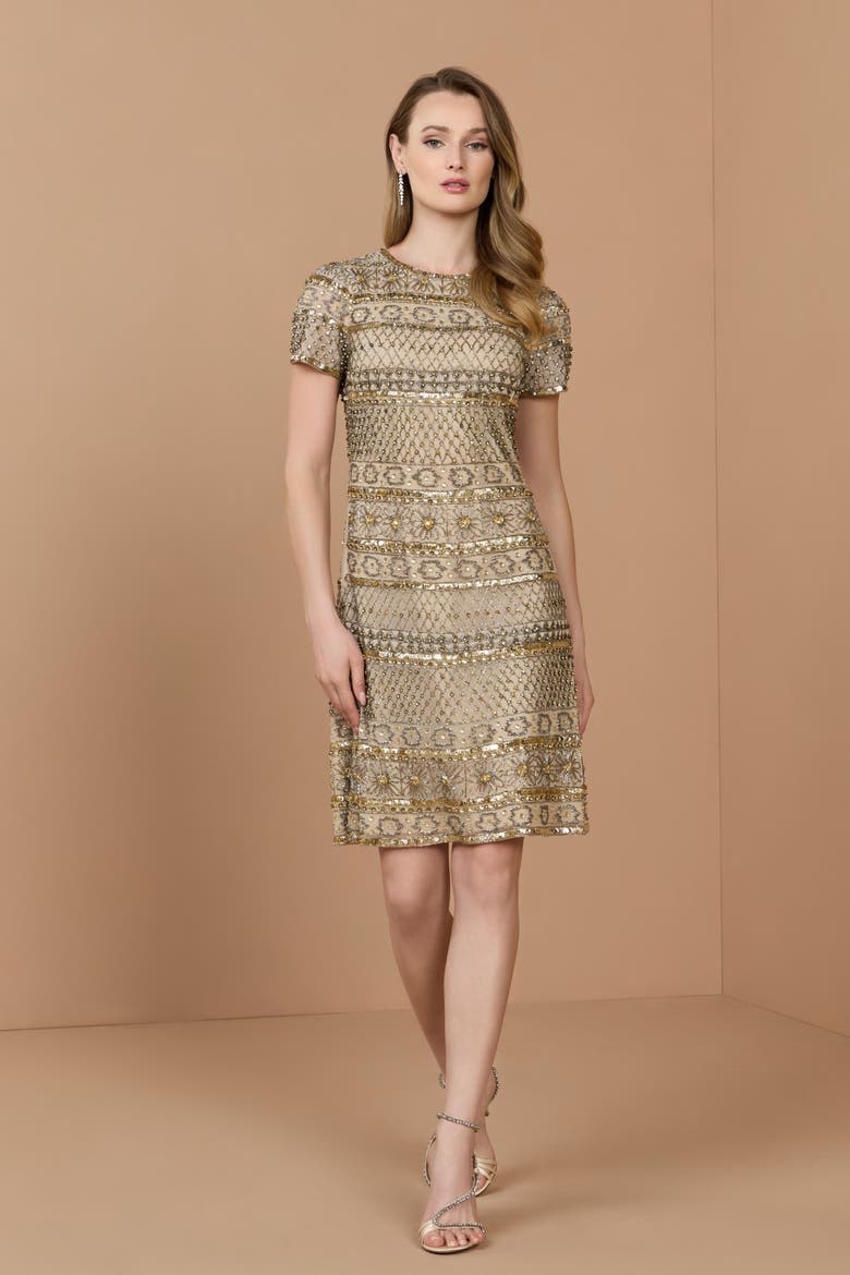 Short Sleeve Embelleshed Mesh Mini Dress, Alternate, color, Nude Gold
