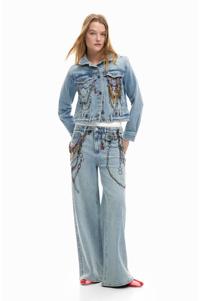 Embellished Denim Trucker Jacket, Alternate, color, MEDIUM BLUE