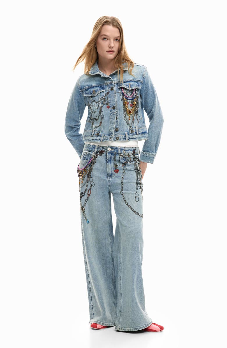 Desigual Embellished Denim Trucker Jacket, Alternate, color, Medium Blue