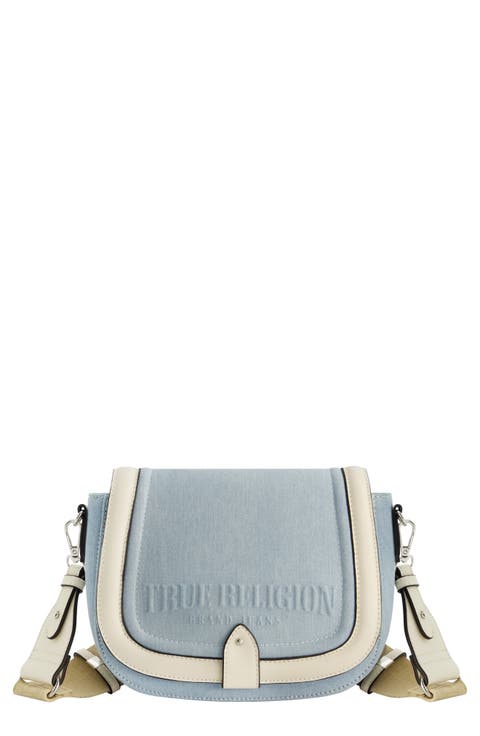 Distressed Logo Denim Saddle Bag