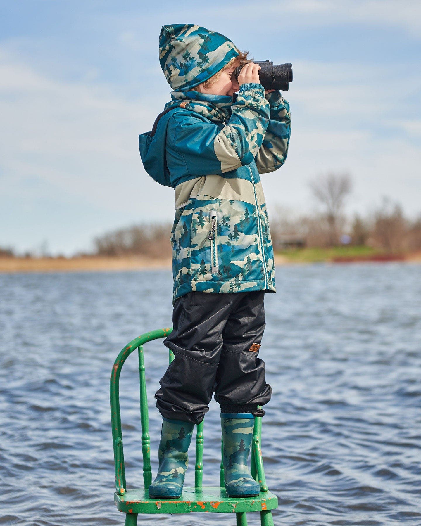 Deux par Deux Baby Boy's Printed Rain Boots Forest Green With Black Pines, Alternate, color, 