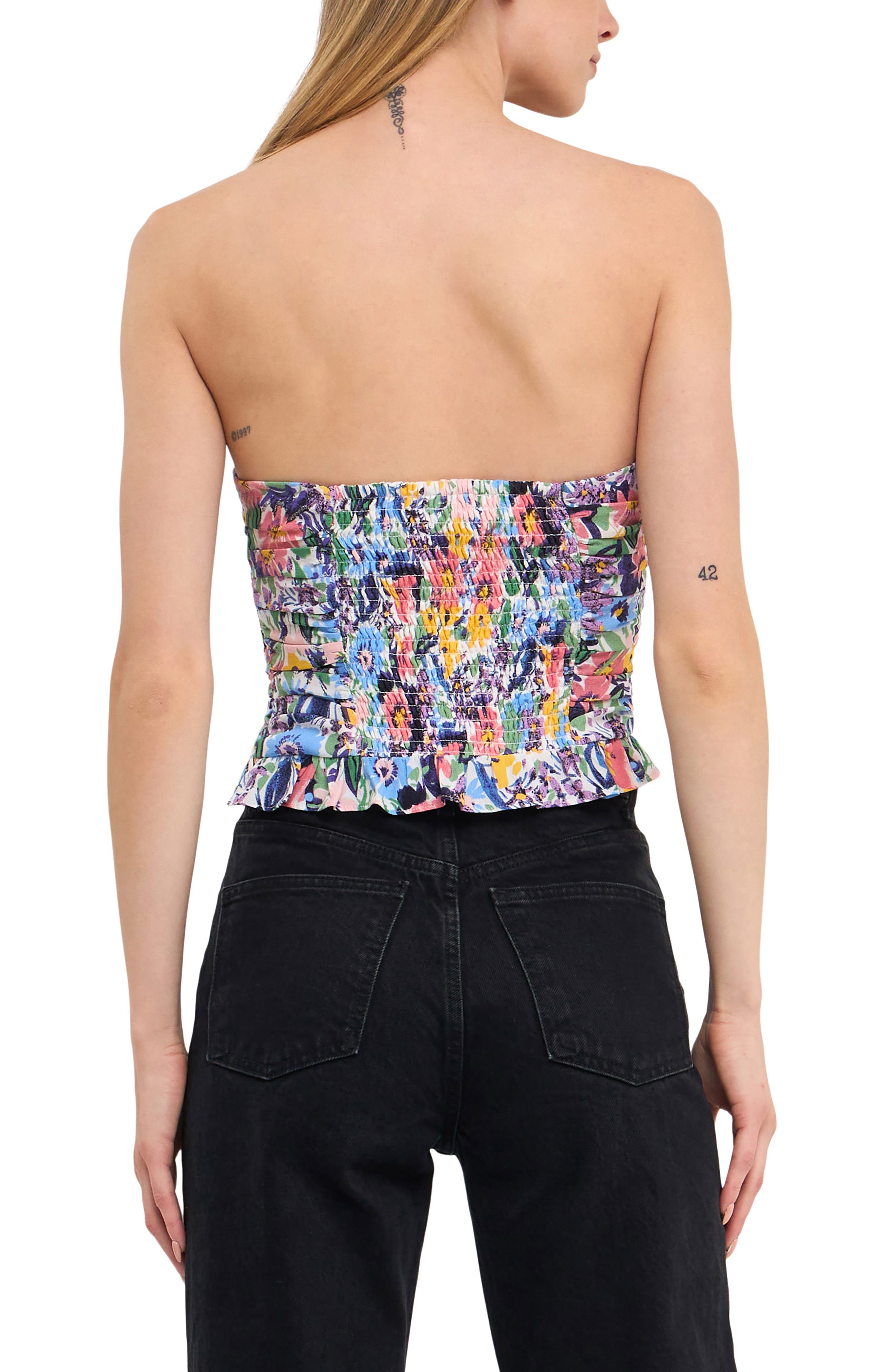 Floral Ruched Strapless Top - image 2