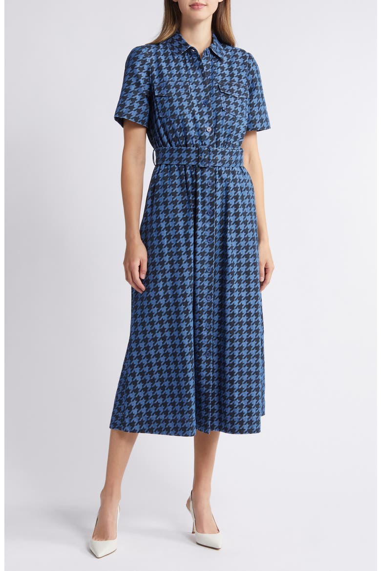Houndstooth Print Denim Shirtdress, Main, color, MEDIUM WASH/ BLACK
