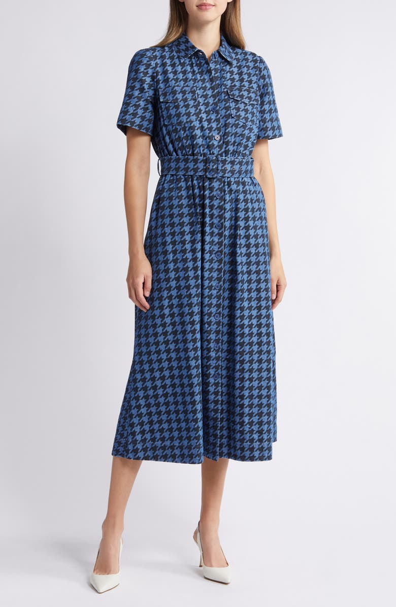 Anne Klein Houndstooth Print Denim Shirtdress, Main, color,