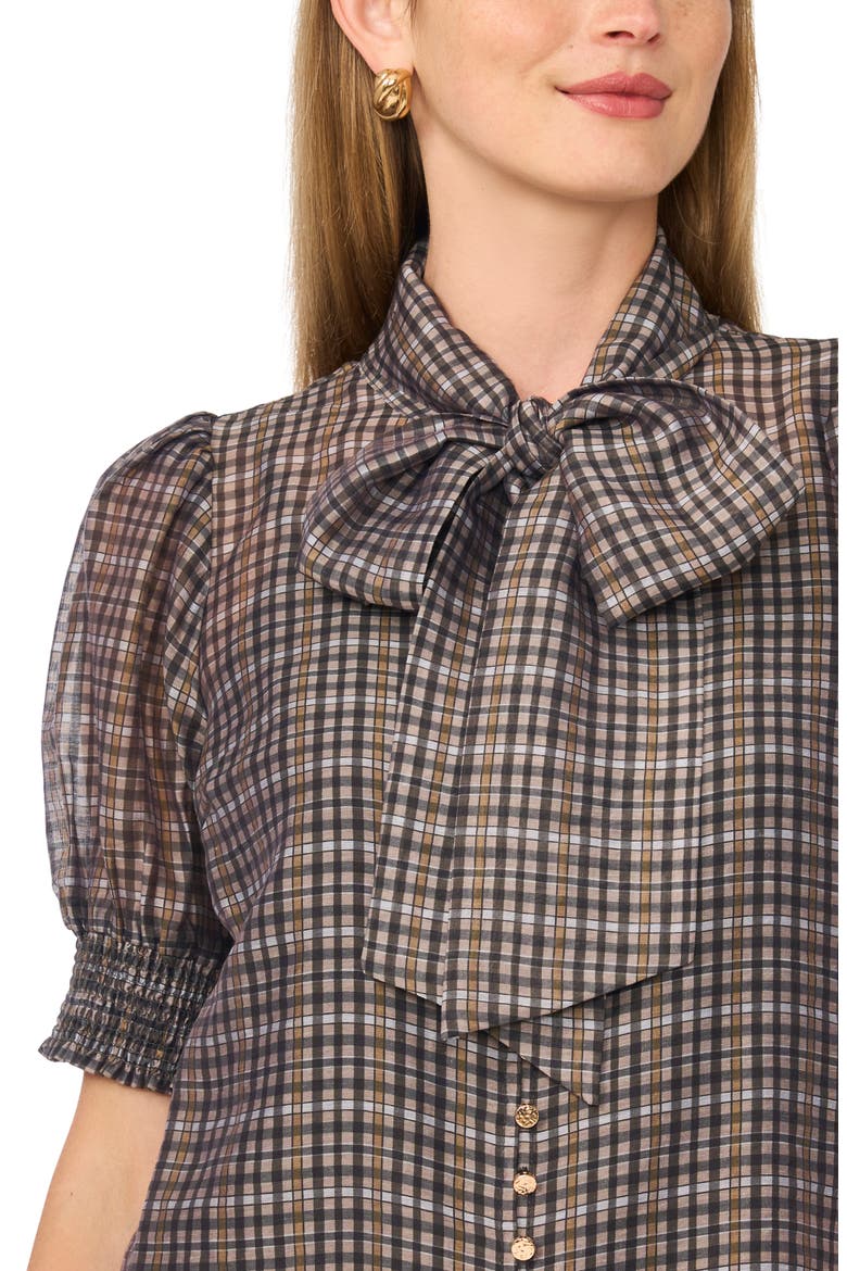 Plaid Tie Neck Short Sleeve Top, Alternate, color, RICH BLACK PLAID