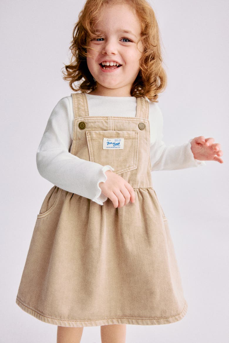 2-piece Dungaree Dress And Top Set, Alternate, color, Beige/white
