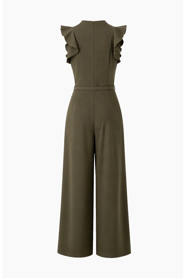 Sleeveless Ruffle-Shoulder Wide-Leg Belted Jumpsuit, Alternate, color, Olive Green