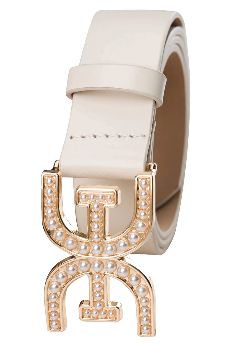 Imitation Pearl Logo Plaque Belt, Alternate, color, IVORY