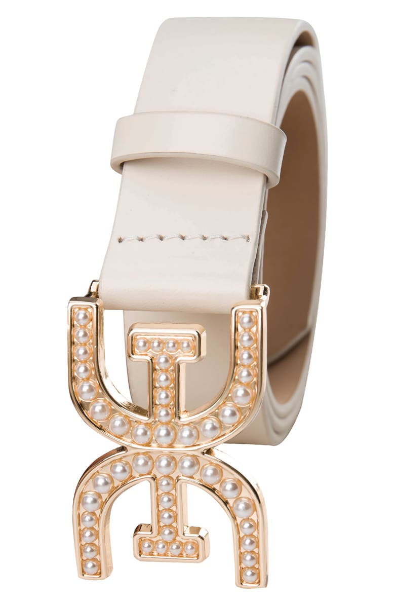 Sam Edelman Imitation Pearl Logo Plaque Belt, Alternate, color, Ivory