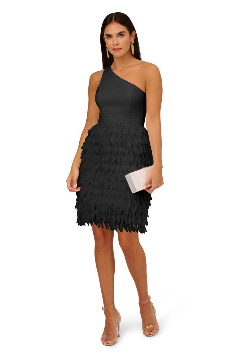 Asymmetric Chiffon & Crepe Knit Cocktail Dress, Alternate, color, BLACK