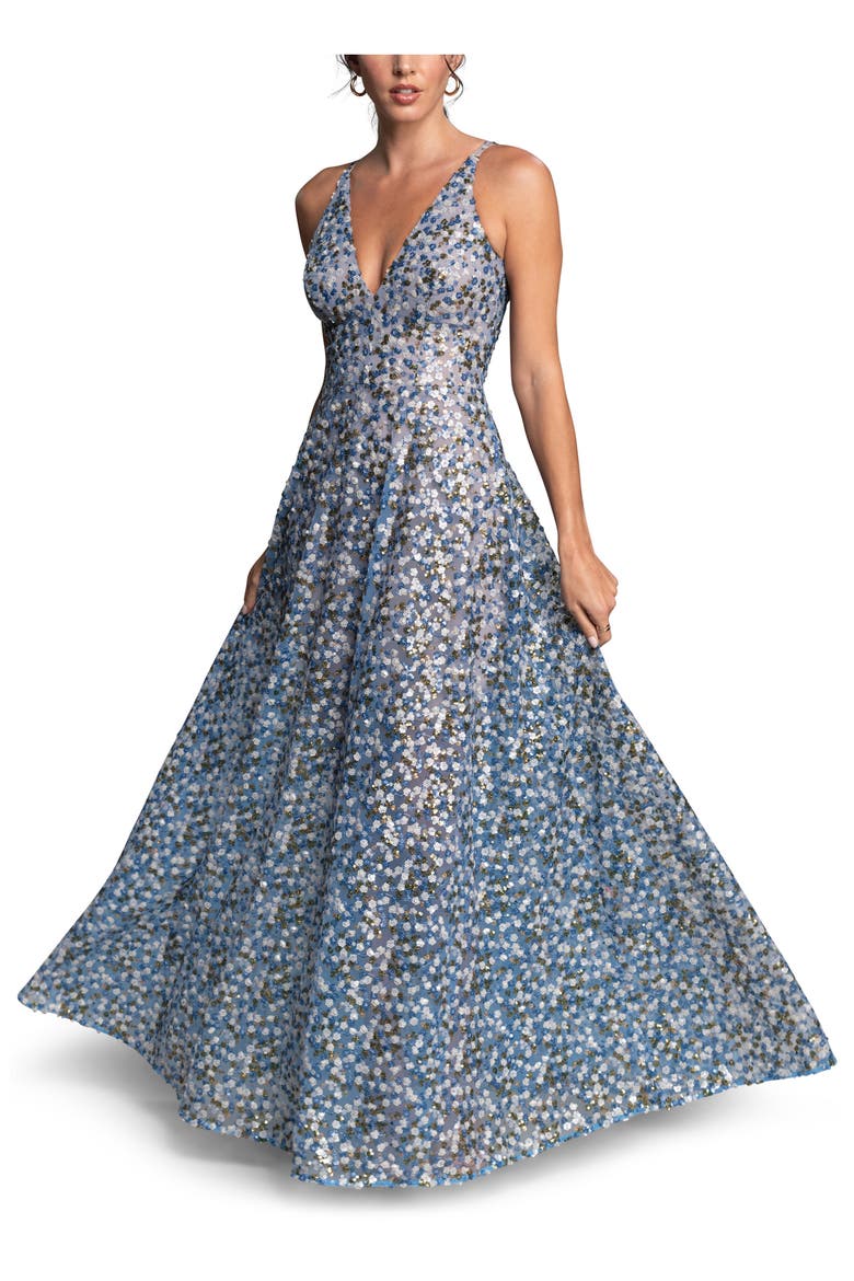Ariyah Sequin Embroidered Ballgown, Main, color, MINERAL BLUE