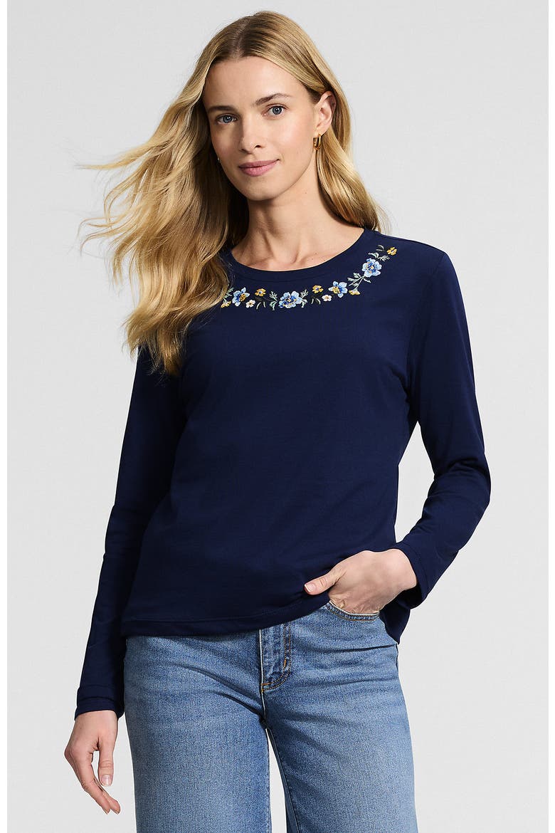 Supima Cotton Long Sleeve Crewneck T-Shirt, Main, color, Floral Embroidery/Deep Sea