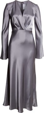 ST. JOHN Long Sleeve Satin V-Neck Dress