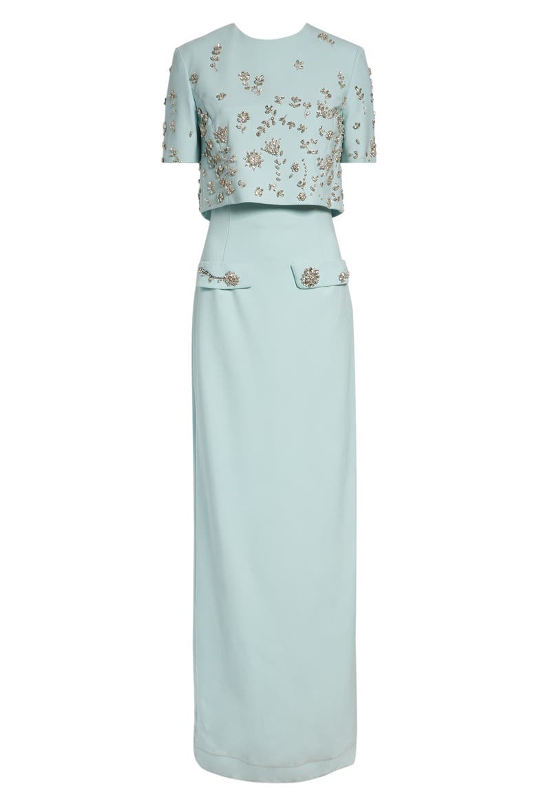 Crystal Beaded Strapless Stretch Wool Column Gown with Jacket, Alternate, color, SALTWATER