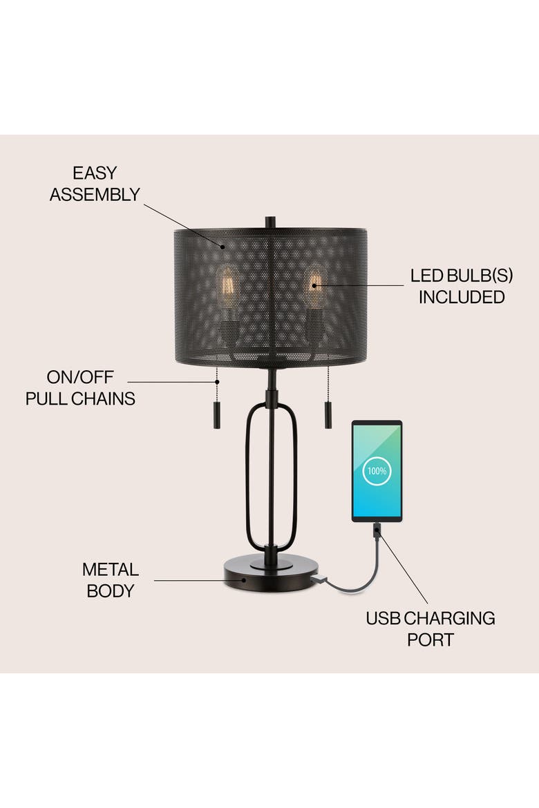 Hank 27" 2-Light Industrial Farmhouse Iron LED Table Lamp with USB Charging Port, Oil Rubbed Bronze, Alternate, color, Oil Rubbed Bronze