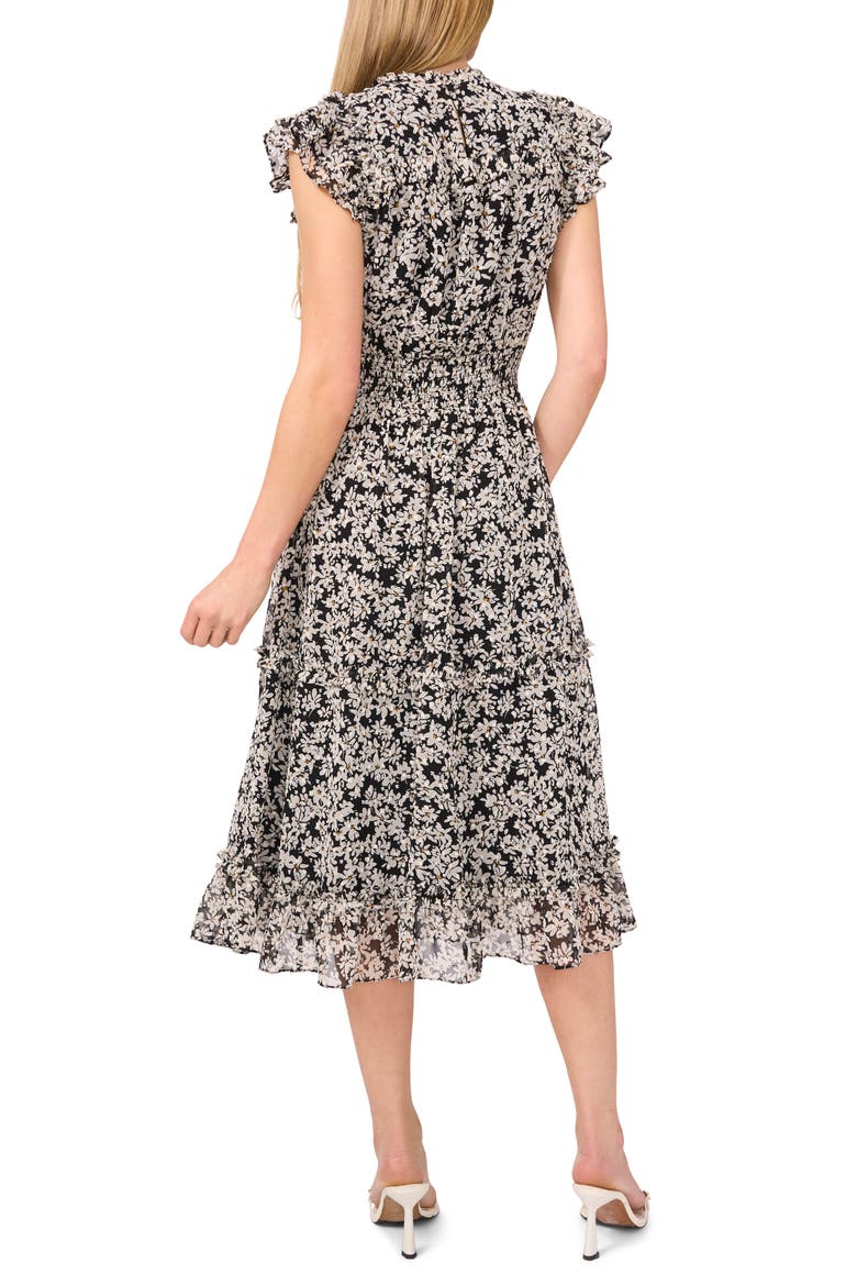 Floral Flutter Sleeve Smocked Midi Dress, Alternate, color, RICH BLACK