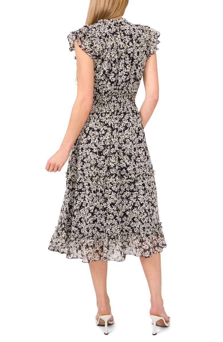 CeCe Floral Flutter Sleeve Smocked Midi Dress, Alternate, color, Rich Black