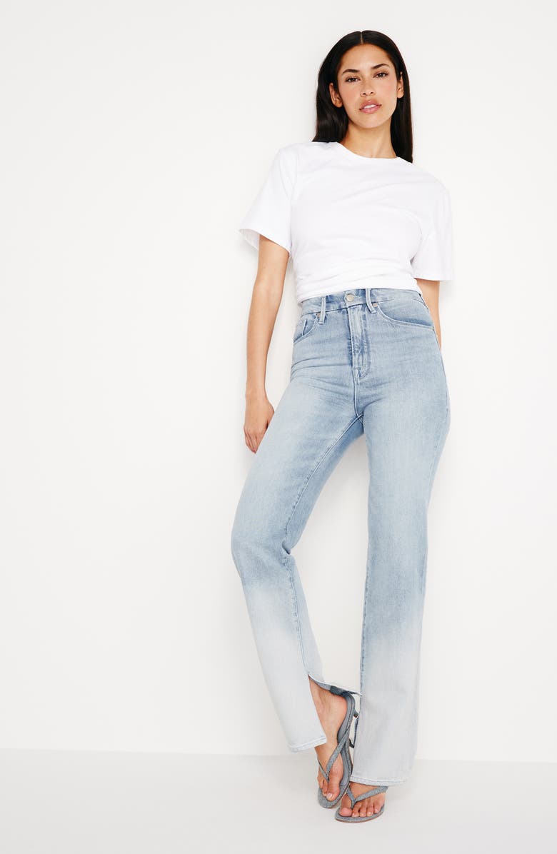 Good American Good Boy High Waist Side Slit Raw Hem Jeans, Alternate, color, Indigo665