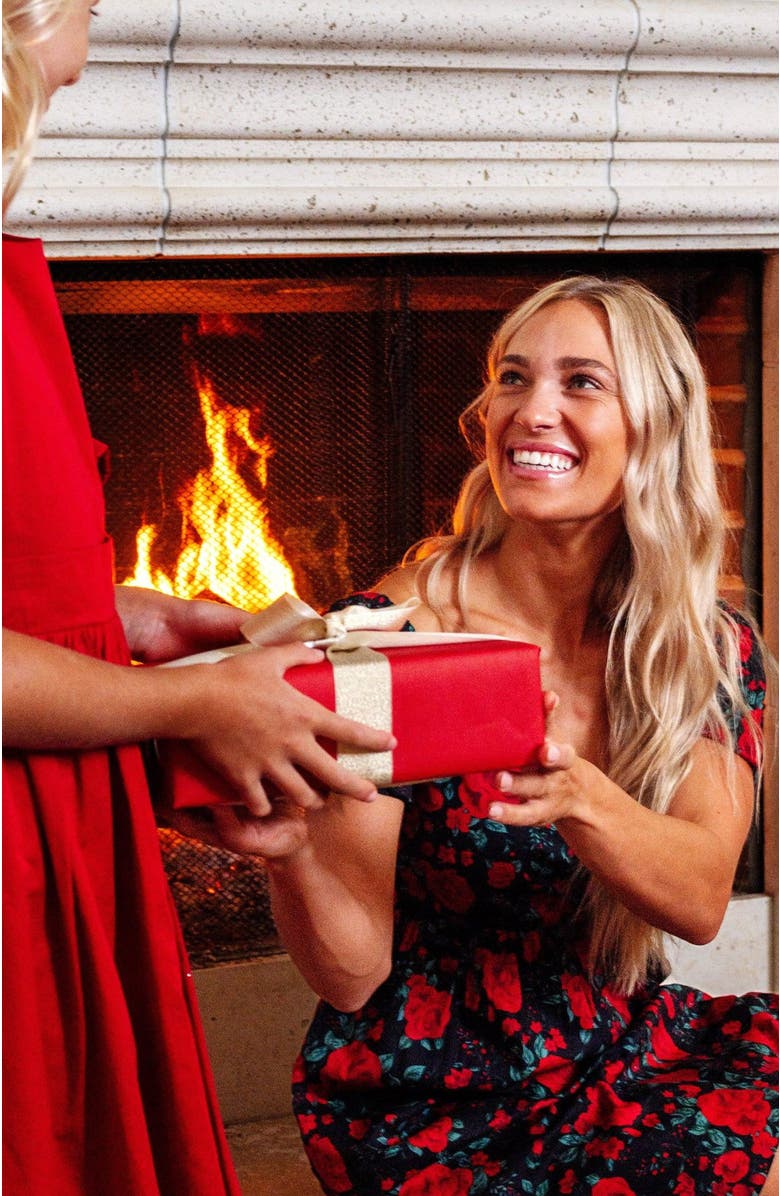 Hope & Henry Women's Organic Puff Sleeve Crossover Dress, Alternate, color, Black Holiday Rose