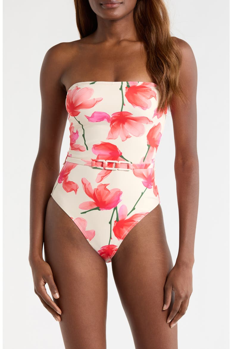 Chain Belt One-Piece Swimsuit, Main, color, IVORY/RED FLORAL